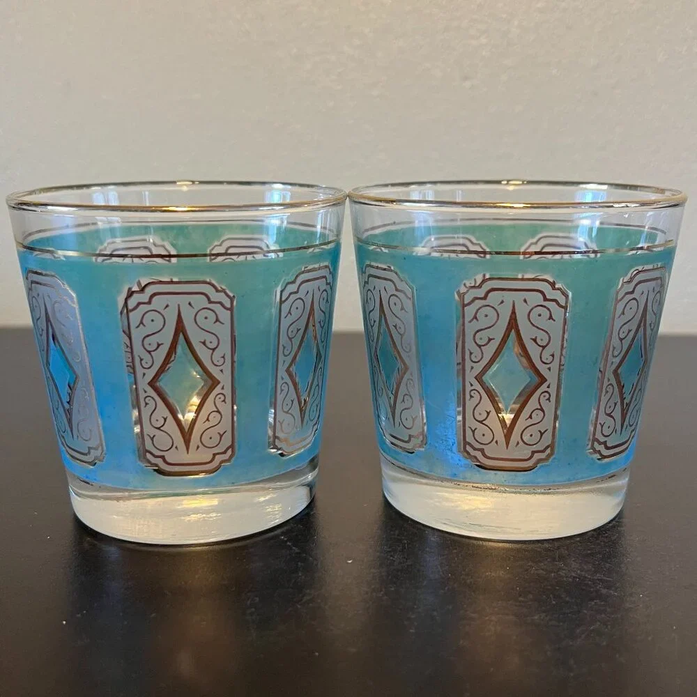 Vtg 1960s Libbey MCM Emerald Green 22K Gold Diamond Cocktail Glasses Set of 2